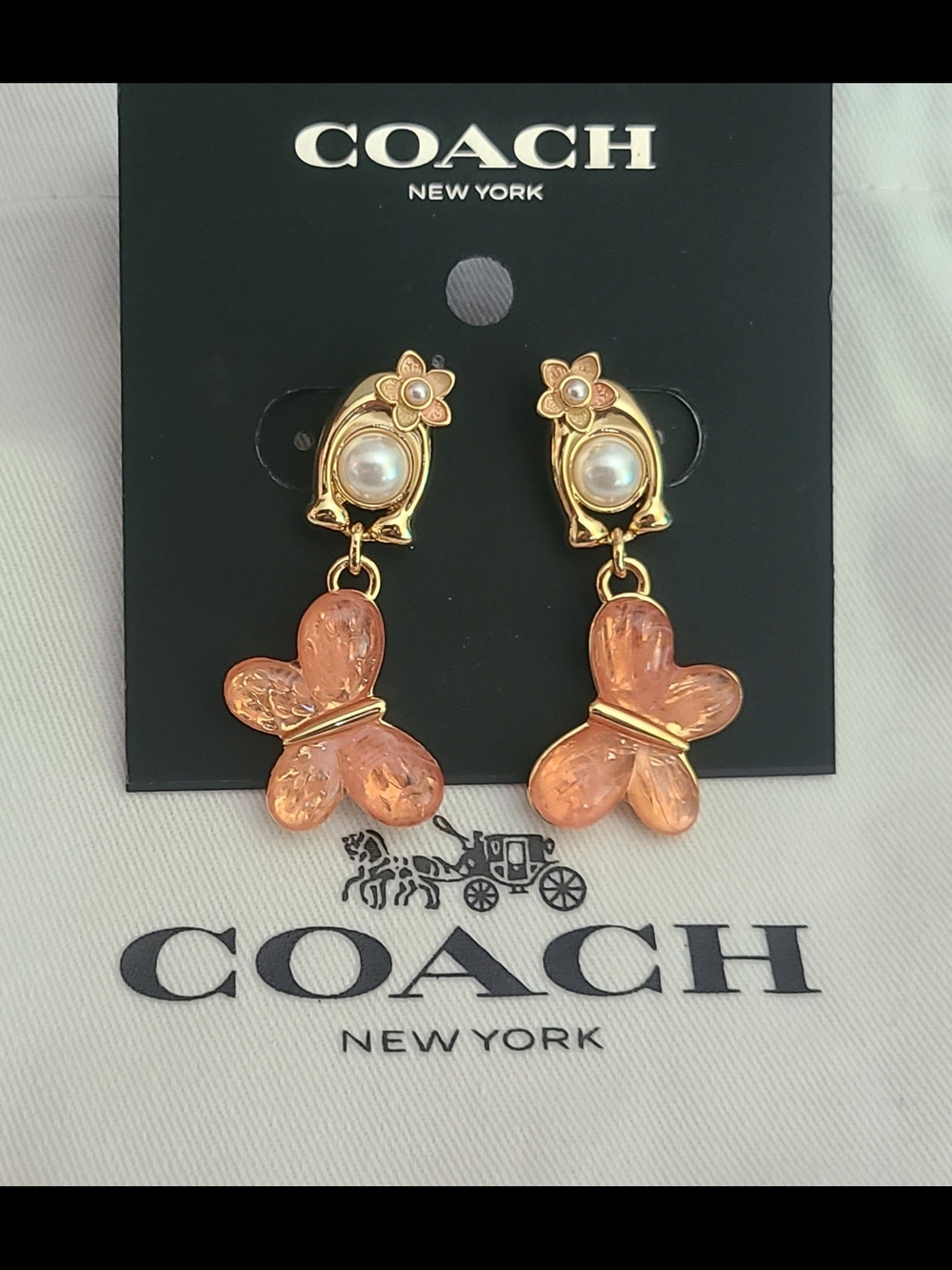 COACH Gold-Tone Pearl & Peach Butterfly Drop Earrings